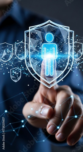 A hand interacts with a shimmering holographic shield, highlighting digital security and user protection.