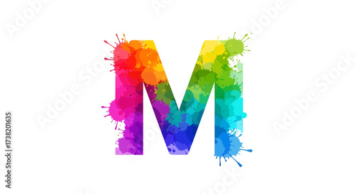Vibrant Letter M Design Showcasing a Burst of Rainbow Hues and Artistic Paint Splatters