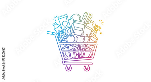 Vibrant shopping cart icon filled with fresh groceries representing healthy lifestyle choices