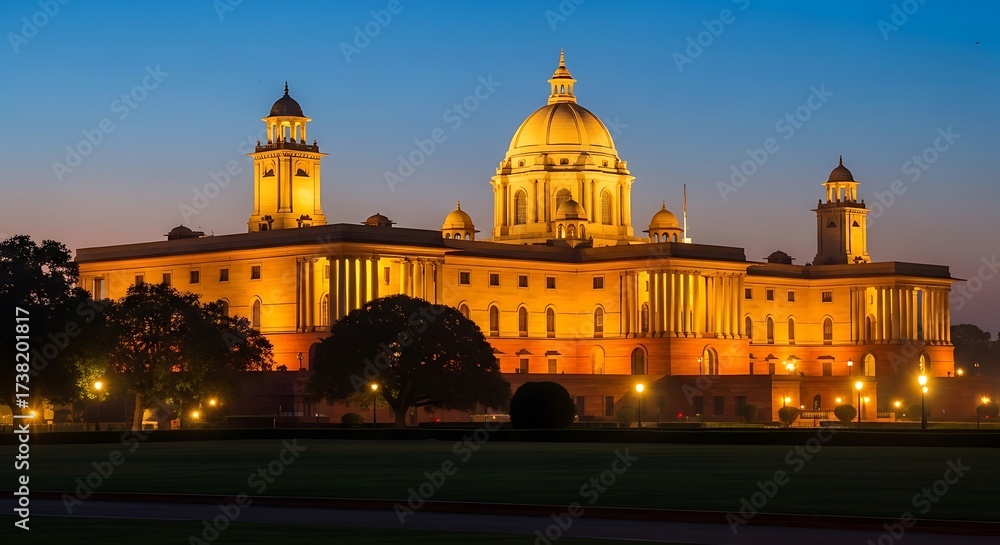 Fototapeta premium A grand architectural structure of a government building, illuminated at twilight, stands prominently against a tranquil backdrop.