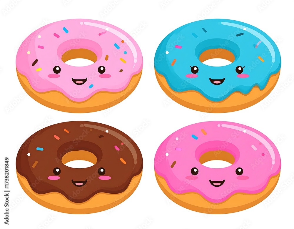 Fototapeta premium Four kawaii donuts in pastel colors