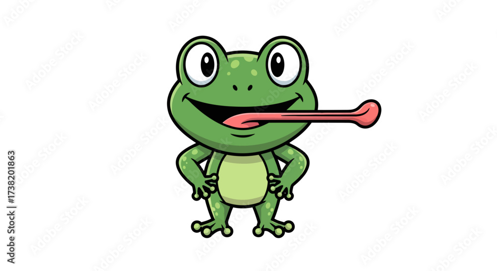 Fototapeta premium Whimsical Green Frog with Outstretched Tongue Animated Character Design