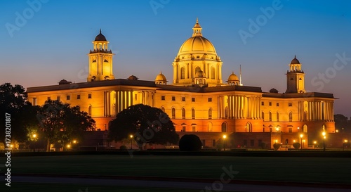 A grand architectural structure of a government building, illuminated at twilight, stands prominently against a tranquil backdrop.