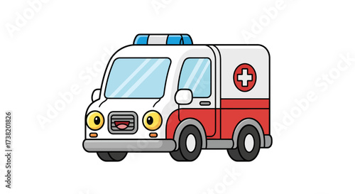 Whimsical cartoon ambulance illustration featuring a friendly and helpful first aid vehicle