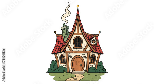 Whimsical Cottage Vector Illustration: A Cozy Home with Idyllic Charm and Artistic Style