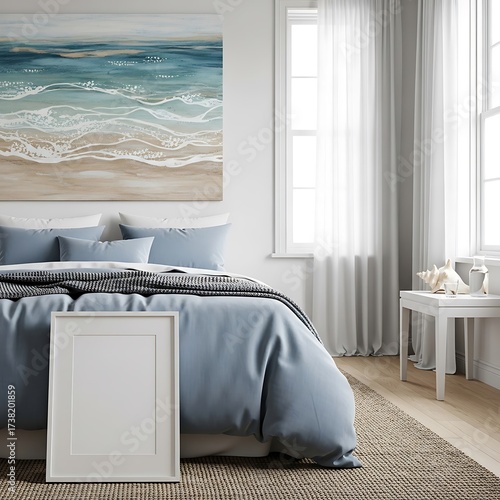 A serene bedroom interior showcasing a tranquil beach scene artwork and light blue bedding.