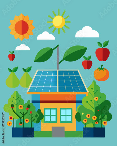 An ecofriendly rooftop farm powered entirely by solar energy nurturing a variety of fruits and vegetables.. Vector illustration