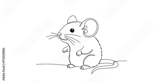 Whimsical mouse illustration in a minimalist single line art style drawing with character
