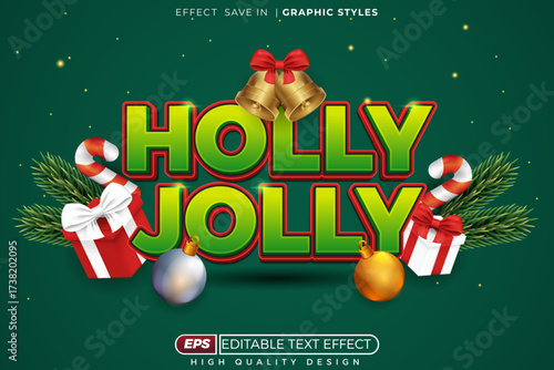 Editable 3d text effect holly jolly with give box for banner and poster template design