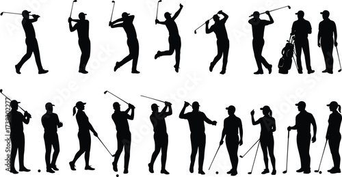 Golf silhouettes, swing motion, sports activity, diverse golfers, mobility support, golf club, celebration pose, teamwork, athletic movement, black background, vector art