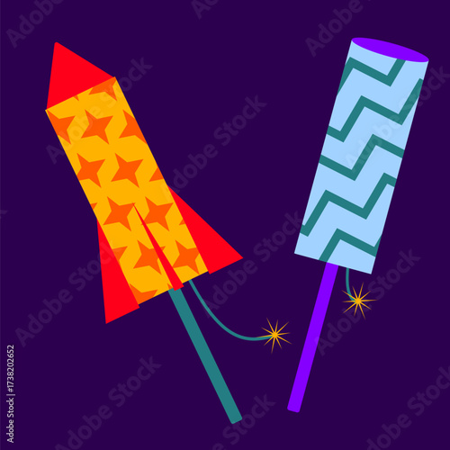 A playful and vibrant illustration featuring two stylized rocket fireworks in the moment of being launched against a deep, dark purple or navy background.
