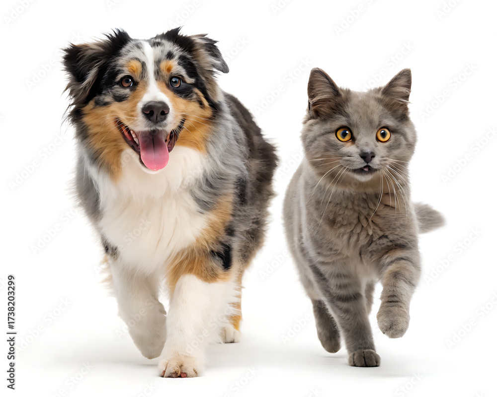 Fototapeta premium A happy australian shepherd dog and a gray cat running towards the camera on a white background studio shot