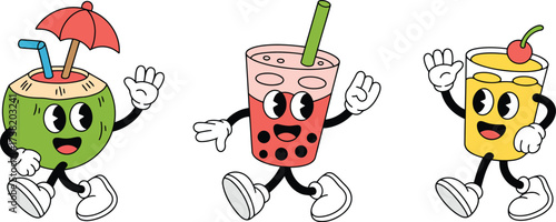 Quirky cartoon drinks characters promoting summer fun and refreshment with a retro, vintage style perfect for cheerful designs and playful marketing