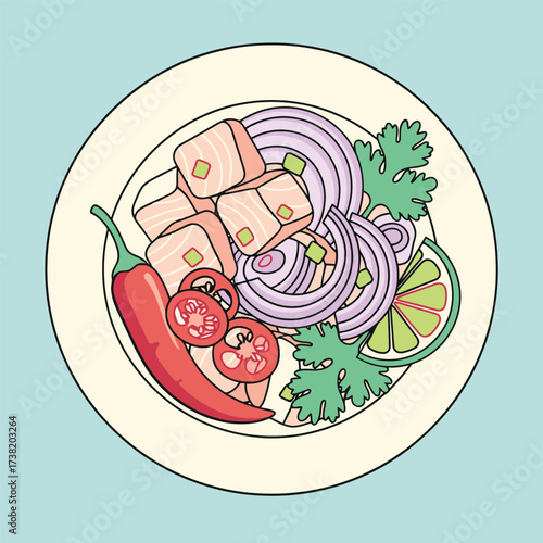 Illustration of Ceviche with Salmon, Onions, and Chili