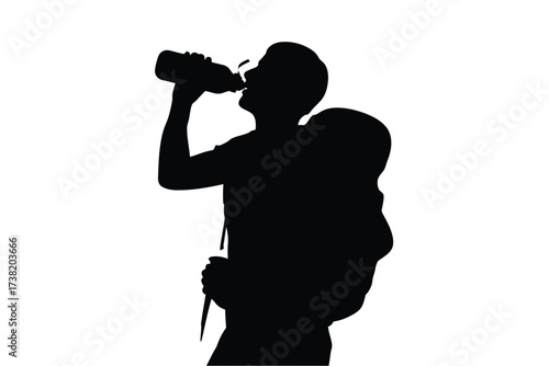 Hiking silhouette of a person drinking from a water bottle with a backpack