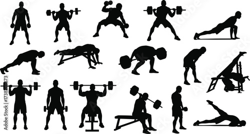 Fitness silhouette, weightlifting poses, gym workout, strength training, exercise routine, barbell dumbbell, push-up plank, bodybuilding illustration, gym equipment, health