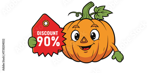 Happy pumpkin character offers ninety percent discount