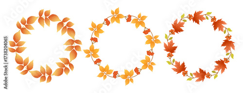 Vector wreaths with autumn leaves and red rowan berries. Seasonal round frames in warm colors, perfect for thanksgiving, harvest celebrations, greeting cards, invitations, posters, and rustic design.
