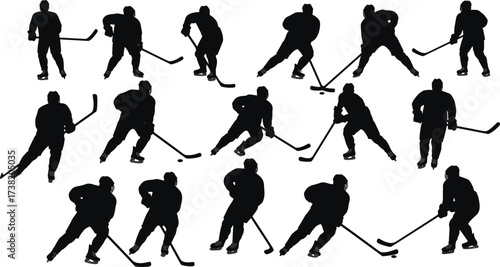 Ice hockey silhouettes, player action poses, skating movement, hockey stick illustration, winter sport design, athlete vector, dynamic sports graphic