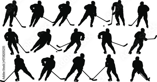 Ice hockey player silhouettes, skating action poses, hockey stick movement, sports illustration, dynamic athlete stances, winter sport vector design