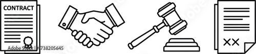 Vector art of contract, handshake, gavel, and signed document