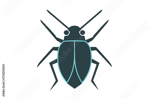 Flat graphic depiction of a dark beetle with light blue shell details
