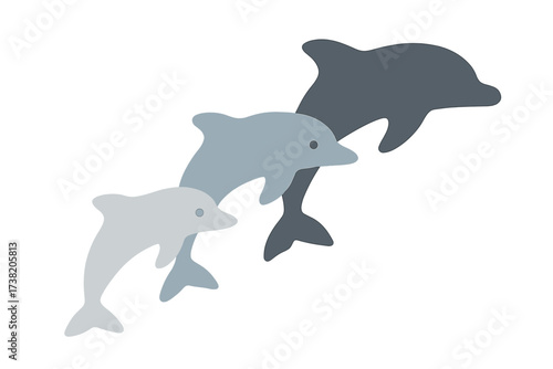 Three stylized dolphins swimming together in a minimalist ocean design with varying shades of blue and grey