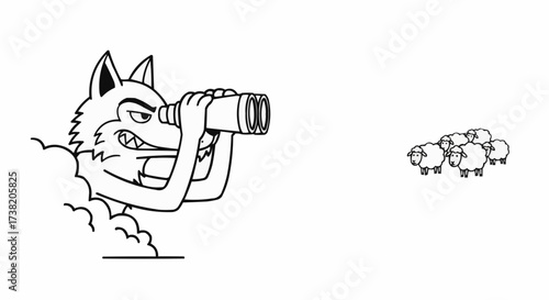 Cartoon wolf cunningly spots sheep with binoculars from behind a cloud, a humorous story of strategy and planning