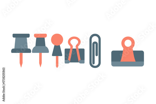 Essential office and school supplies including pushpins, paperclips, and binder clips