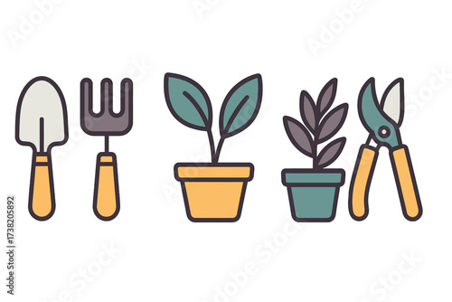 Essential gardening tools and potted plants for home and garden care activities