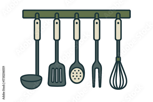 Collection of essential kitchen cooking tools and utensils hanging on a rack