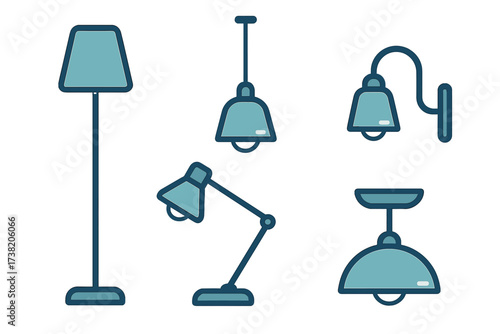 Collection of modern home lighting fixtures including floor, desk, and ceiling lamps