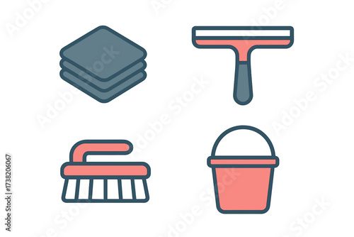 Domestic cleaning tools and supplies featuring cloths, squeegee, scrub brush, and bucket
