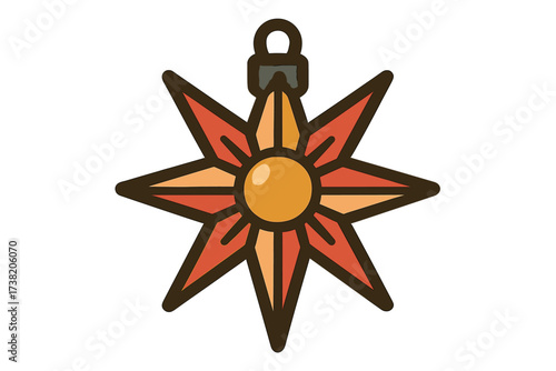 Festive star shaped holiday ornament with warm colors and bold outlines