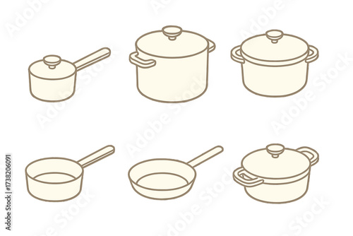 Isometric collection of various kitchen cookware including pots, saucepans, and frying pans