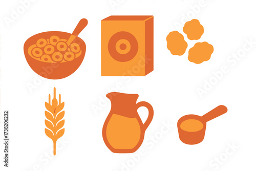 Assortment of breakfast cereal ingredients and food items for a healthy morning meal