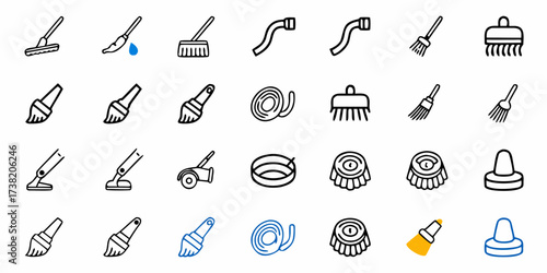 Cleaning Tools Line Icons Collection for Professional Use: Paint Brush, Mop, Hose, Scrubber, Vacuum, and Supplies for a Variety of Cleaning Tasks: Editable and Scalable