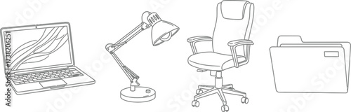 Vector art of office equipment including laptop, lamp, chair, and folder