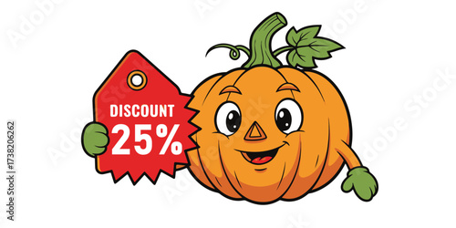 Happy pumpkin character holding a 25 percent discount tag