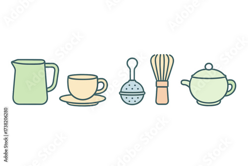Assortment of essential tea and coffee preparation and serving utensils