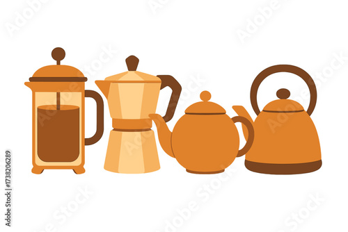 Assortment of essential kitchen appliances for brewing coffee and tea beverages