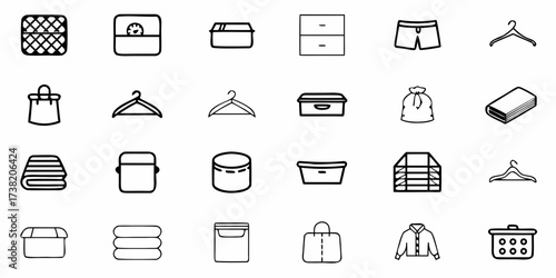 Discover essential storage solutions and garment care icons for home organization, laundry, and closet management, offering a clean, minimalist aesthetic for modern living.