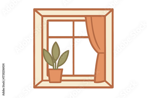 Stylized window frame with a potted houseplant and a draped curtain in warm tones