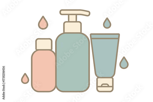 Collection of cosmetic bottles and tubes for beauty and skincare products with water drops