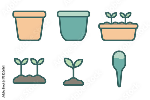 Essential gardening equipment and plant development stages with pots and sprouts