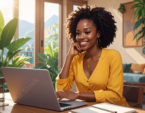 Generated image Happy young woman working remotely on a virtual video team meeting call, remote work and digital nomad lifestyle