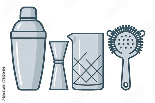 Essential bar tools for mixing cocktails including shaker, jigger, mixing glass, and strainer