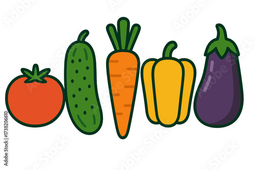 Colorful fresh vegetables including tomato cucumber carrot pepper and eggplant