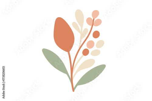 Stylized botanical element with abstract leaves and berries in a modern flat design