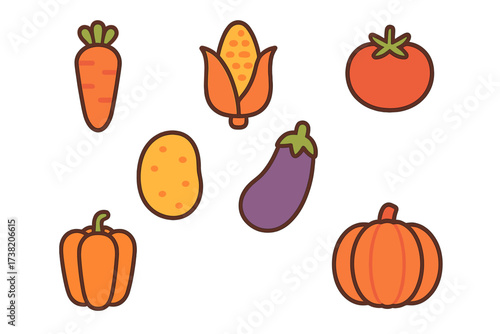 Collection of fresh colorful vegetables including carrot corn tomato potato eggplant bell pepper pumpkin
